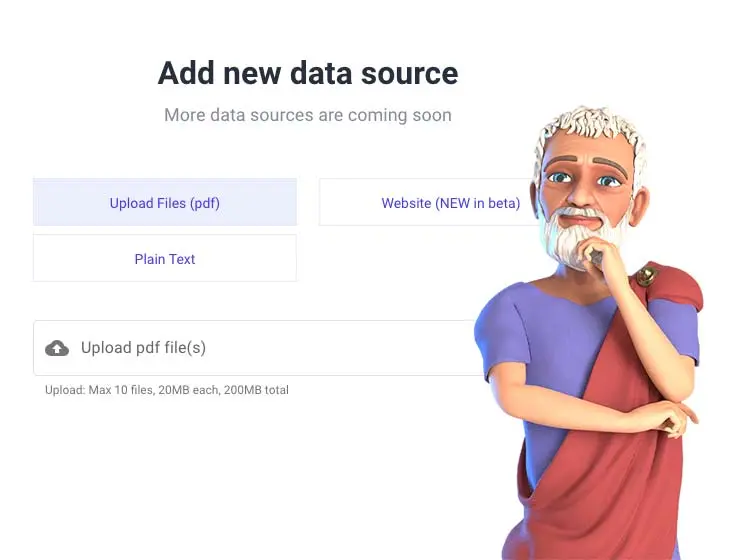 Plural.io Knowledge Base Benutzeroberfläche der plural.io Knowledge Base, in der Informationen aus PDFs, Websites oder manuellem Text hinzugefügt werden können; im Vordergrund steht Avatar Aristoteles.