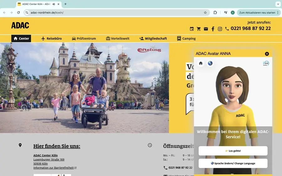 Web Agent Anna ADAC Screenshot der Website des ADAC Nordrhein mit Avatar Anna, der digitalen Web-Agentin, die online Fragen beantwortet.