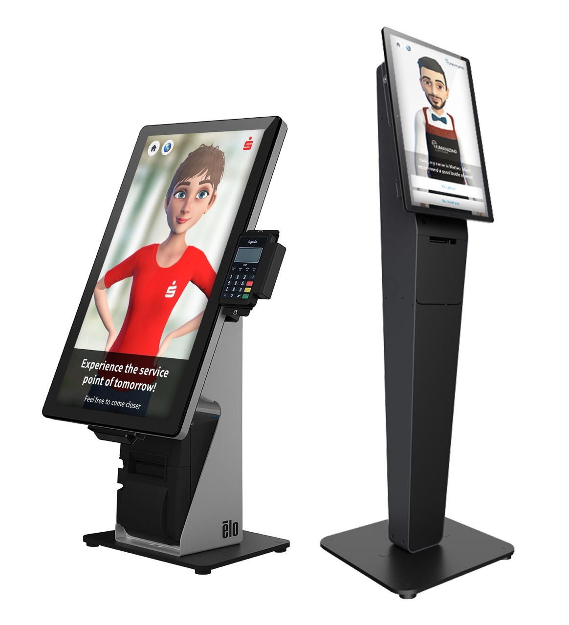 Elo Touch Stehlen mit Avataren KIM + Matteo Zwei elo-Stelen mit alternativ großem Display oder kleinem Bildschirm, dargestellt mit Avatar KIM und Avatar Matteo.