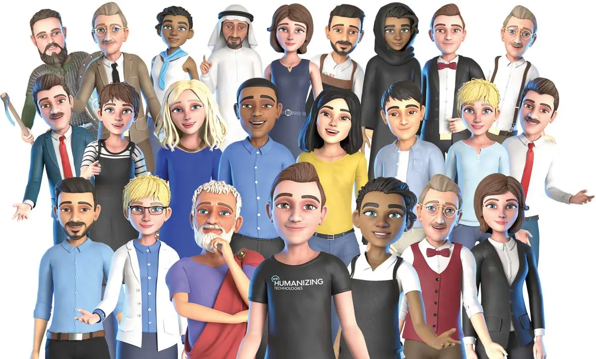 Gruppenbild mit vielfältigen KI-Avataren unterschiedlicher Herkunft, Geschlechter und Berufsrollen – von Business-Outfit bis Barista-Look.