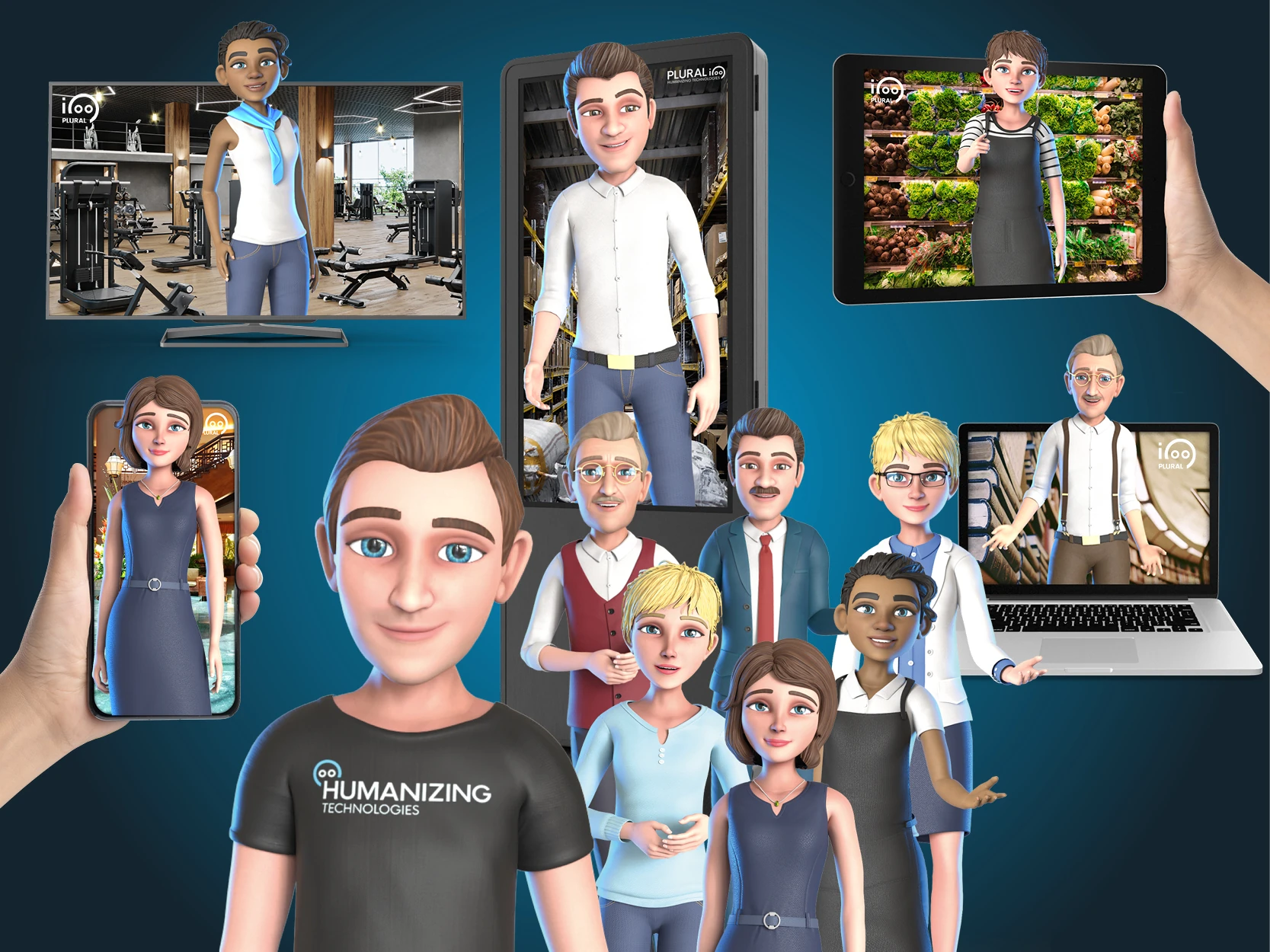 Assortment of a variety of interactive Avatars by Humanizing are taking on different roles on different devices such as on a smartphone, laptop, tablet or TV.