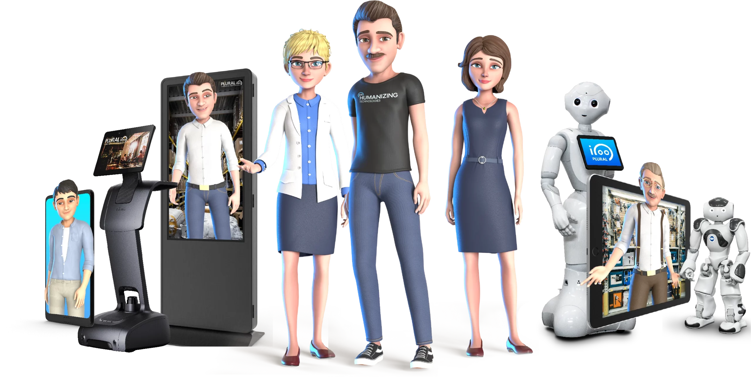 Assortment of Humanizing's interactive Avatars on different devices as well as different robots such as temi, Pepper and NAO.